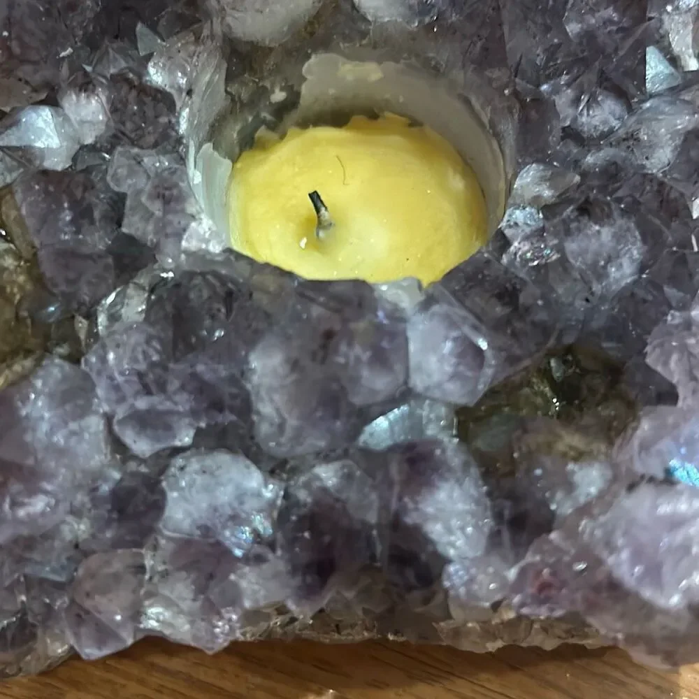 Large amethyst tea light candle holder purple gemstone